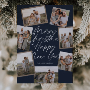 Blue Modern Boho 8 Photo Collage Christmas  Foil Holiday Card