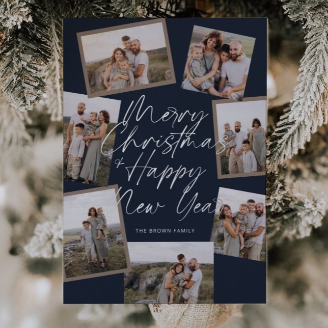 Blue Modern Boho 8 Photo Collage Christmas  Foil Holiday Card (Creator Uploaded)