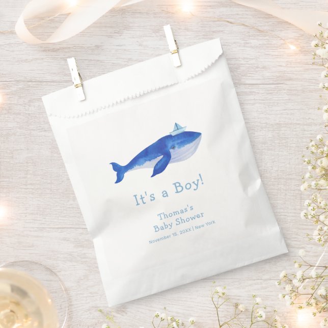 Blue Modern Boy Under The Sea Whale Baby Shower  Favour Bag (Clipped)