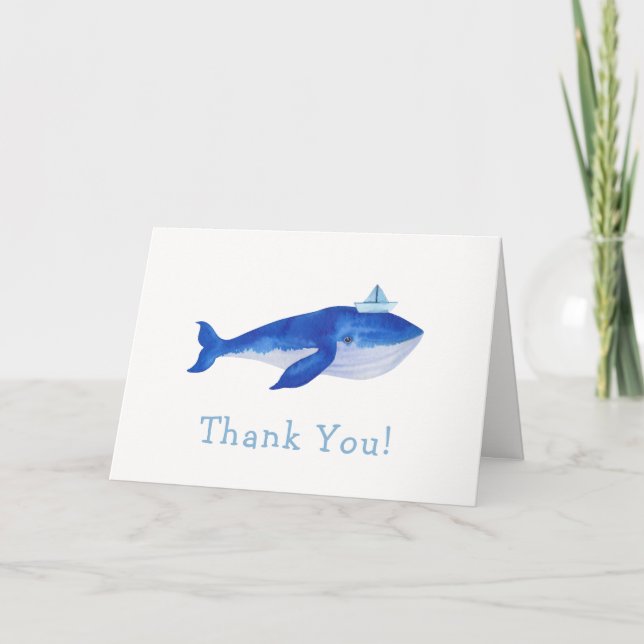 Blue Modern Boy Under The Sea Whale Baby Shower  Thank You Card (Front)