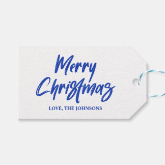 Blue Modern Brush Script Merry Christmas Gift Tags