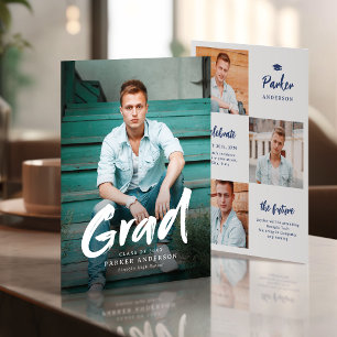 Blue Modern Brush Script Photo Graduation Invitation