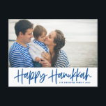 Blue Modern Calligraphy Happy Hanukkah Photo Holiday Postcard<br><div class="desc">Happy Hanukkah! Send Hanukkah wishes to family and friends with this customizable photo postcard. It features blue modern calligraphy with an olives pattern. Personalize by adding names and a photo. This Happy Hanukkah script card is available in other cardstock.</div>
