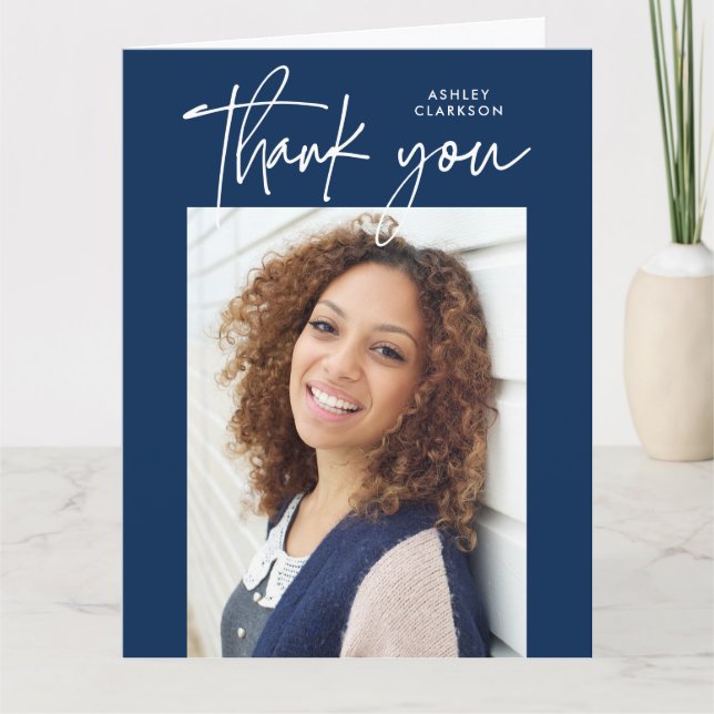 Blue Modern Calligraphy Photo Graduation Folded Thank You Card (Front)
