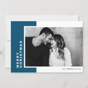 Blue Modern Colour Block Merry Christmas Photo Holiday Card