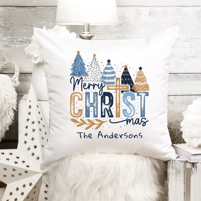 Blue Modern Cross Christian Jesus Christmas Name Throw Pillow (Blue Modern Cross Christian Jesus Christmas Name Throw Pillow)