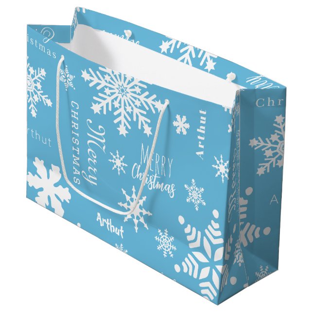 Blue Modern Custom Name Christmas Holiday Snow Large Gift Bag (Front Angled)