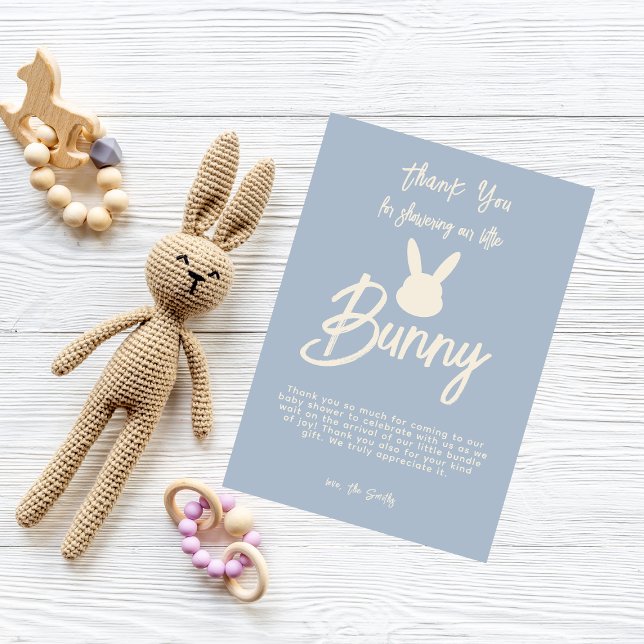 Blue Modern Cute Script Bunny Baby Shower  Thank You Card (Creator Uploaded)