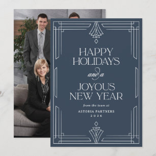 Blue Modern Deco Elegant Corporate Happy Holidays Holiday Card
