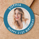 Blue Modern Elegant Happy 21st Birthday Photo Classic Round Sticker<br><div class="desc">Cute 21st Birthday Happy Birthday Photo stickers for your son or daughter's birthday party. They feature a cute customizable text and image. Perfect for invitations and party bag goodies.</div>