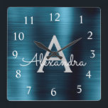Blue Modern Elegant Metallic Monogram Name Square Wall Clock<br><div class="desc">Modern and Elegant Blue Faux Stainless Steel Foil Monogram Name and Initial Personalized Custom Wall Clock. The Wall Clock makes the perfect gift for someone who loves trendy chic metallic decor to give as a Christmas or Birthday Gift.</div>