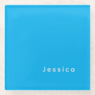 Blue Modern Elegant Plain Simple Professional Name Glass Coaster