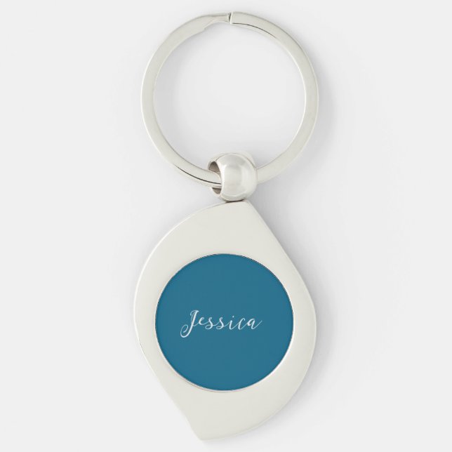 Blue Modern Elegant Plain Simple Professional Name Keychain (Front)