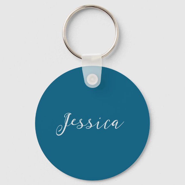 Blue Modern Elegant Plain Simple Professional Name Keychain (Front)