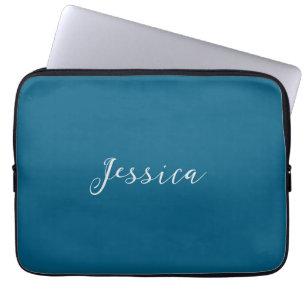 Blue Modern Elegant Plain Simple Professional Name Laptop Sleeve