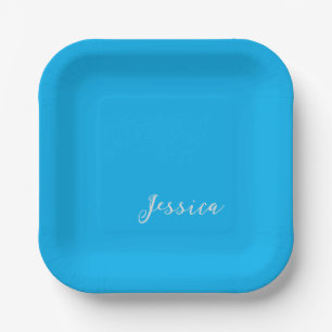 Blue Modern Elegant Plain Simple Professional Name Paper Plate