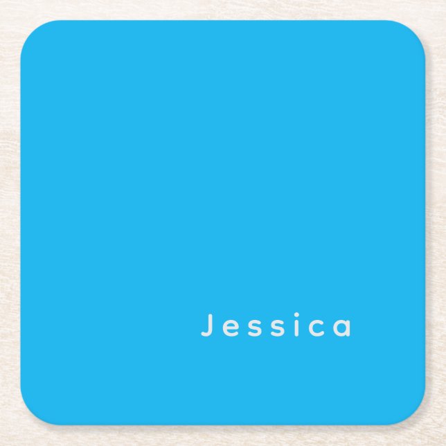 Blue Modern Elegant Plain Simple Professional Name Square Paper Coaster (Front)