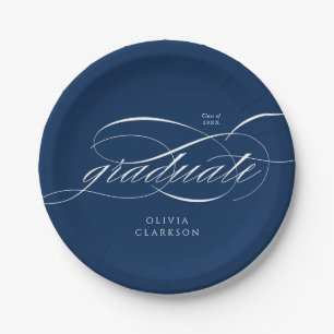 Blue Modern Elegant Script Graduation Party Paper Plate
