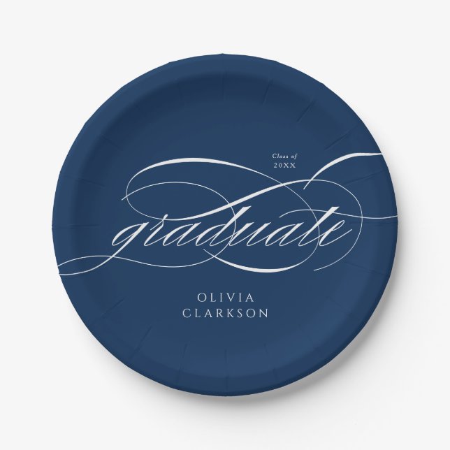 Blue Modern Elegant Script Graduation Party Paper Plate (Front)