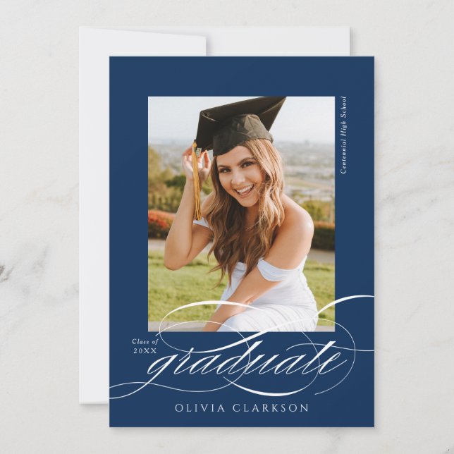 Blue Modern Elegant Script Photo Graduation Party Invitation (Front)