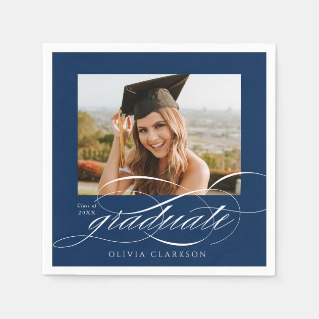 Blue Modern Elegant Script Photo Graduation Party Napkin (Front)
