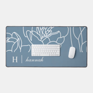 Blue Modern Elegant Wildflower Monogram Name Desk Mat