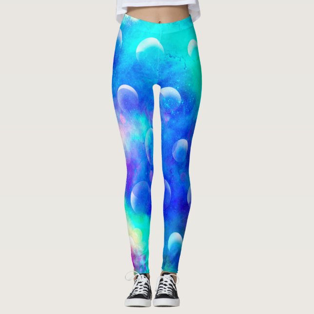 Blue modern fabulous bubbles abstract watercolor  leggings (Front)