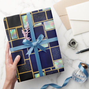 Blue   Modern Faux Glitter & Opal Wrapping Paper