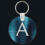 Blue Modern Faux Stainless Steel Monogram Keychain<br><div class="desc">Modern and Elegant Blue Faux Stainless Steel Metallic Elegant Keychain. These Keychains can be customized to include your initial and first name. These key chains make great birthday,  bridal shower or bachelorette party favours.</div>