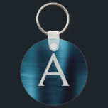 Blue Modern Faux Stainless Steel Monogram Keychain<br><div class="desc">Modern and Elegant Blue Faux Stainless Steel Metallic Elegant Keychain. These Keychains can be customized to include your initial and first name. These key chains make great birthday,  bridal shower or bachelorette party favours.</div>