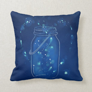 Blue Modern Firefly Love Jar Throw Pillow