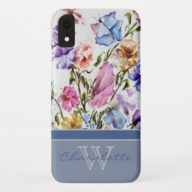 Blue Modern Floral and Butterfly Monogram Name Case-Mate iPhone Case (Back)