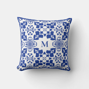 Blue Modern Floral Pattern Elegant Simple Monogram Throw Pillow