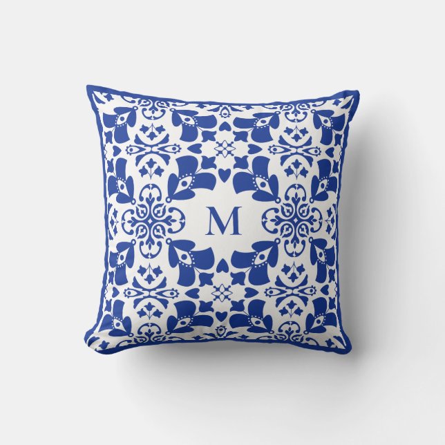 Blue Modern Floral Pattern Elegant Simple Monogram Throw Pillow (Front)