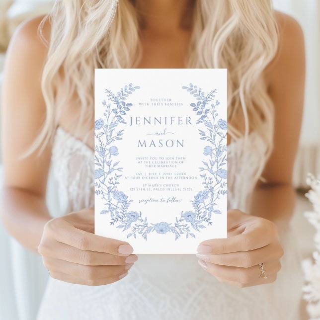 Blue Modern Floral Wreath Boho Wedding Invitation (Creator Uploaded)