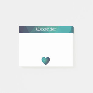 Blue modern geometric heart and customizable name post-it notes