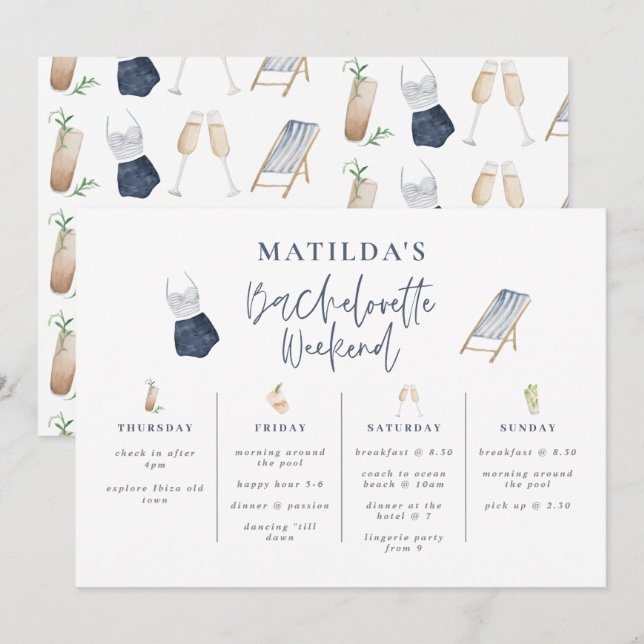 Blue modern girly bachelorette weekend itinerary (Front/Back)