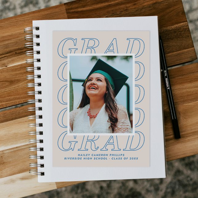 Blue Modern Grad Typography Graduation Photo Card (Creator Uploaded)