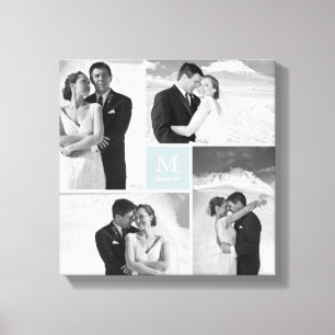 Blue Modern Grid Monogram Wedding 4 Photo Collage Canvas Print