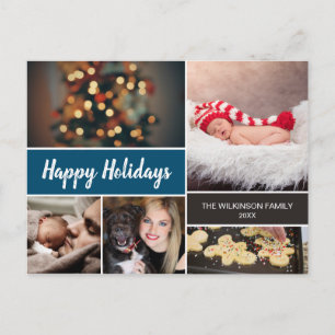 Blue Modern Happy Holidays Photo Collage Christmas Holiday Postcard