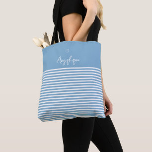 Blue Modern Heart and Stripes Monongram Tote Bag