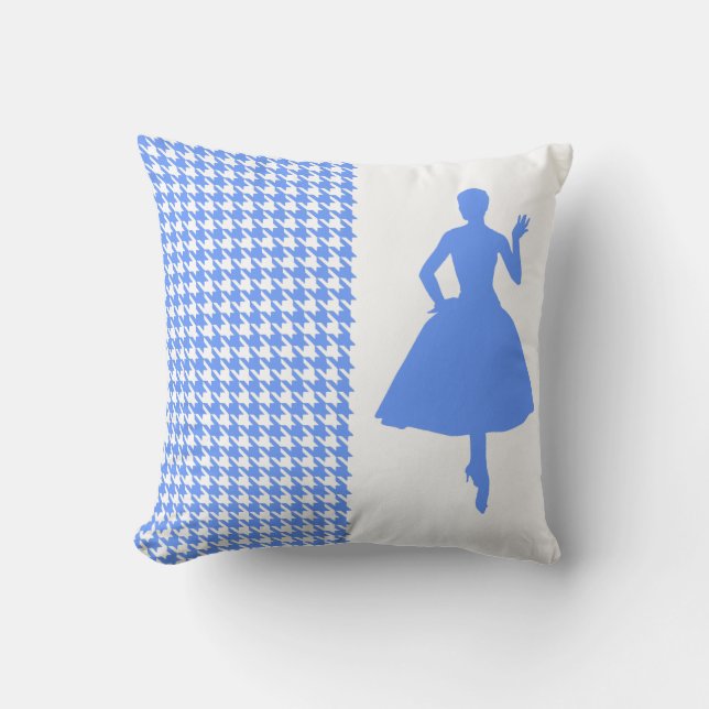 Blue Modern Houndstooth with Fashion Silhouette Throw Pillow (Front)