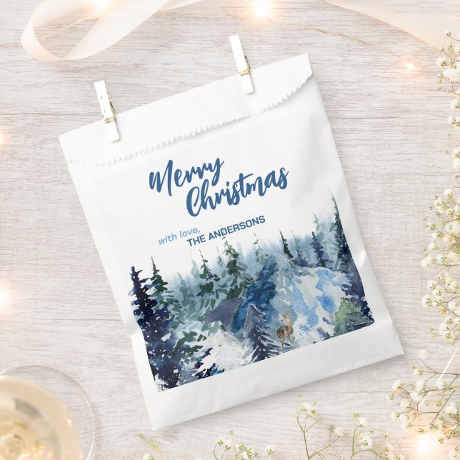 Blue Modern Merry xmas trees forest raindeer  Favour Bag (Clipped)