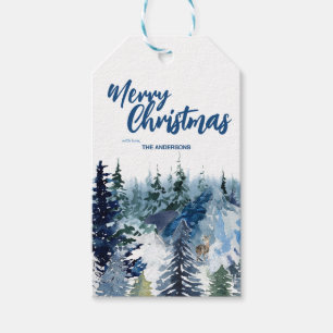 Blue Modern Merry xmas trees forest raindeer Gift Tags