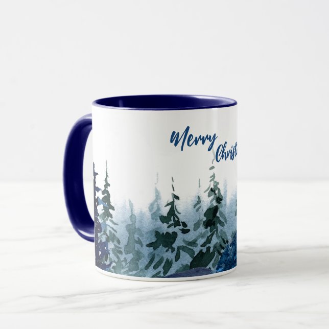 Blue Modern Merry xmas trees forest raindeer  Mug (Front Left)