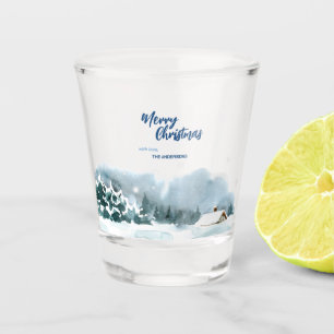 Blue Modern Merry xmas trees forest raindeer Shot Glass