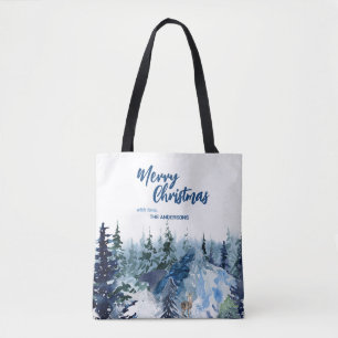 Blue Modern Merry xmas trees forest raindeer Tote Bag