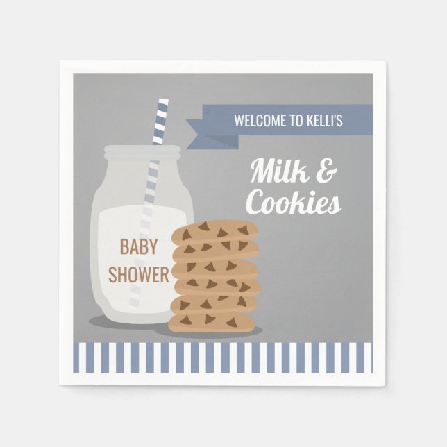 Blue Modern Milk and Cookies Baby Shower Napkins (Front)
