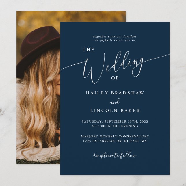 Blue Modern Minimal Photo Wedding  Invitation (Front/Back)
