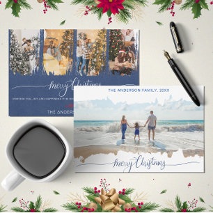 Blue Modern Minimalist Christmas Collage Photo Invitation